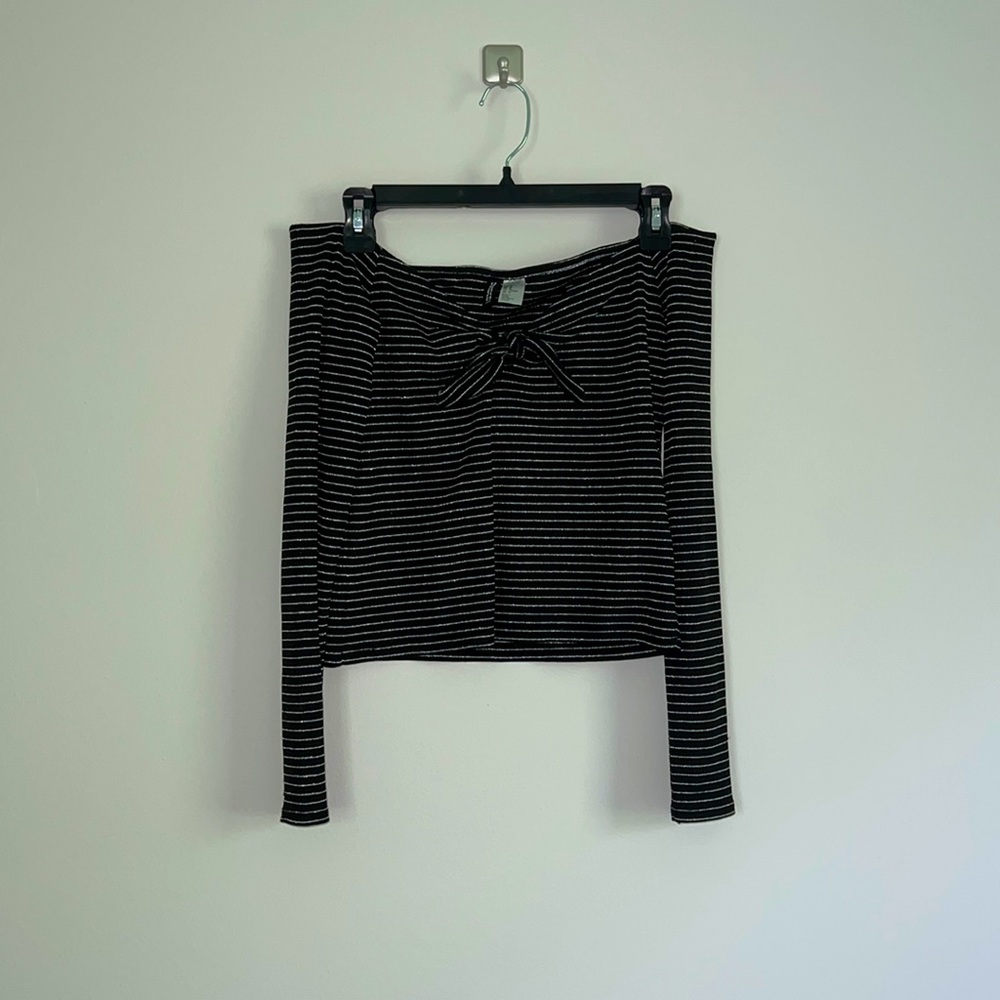 Black Off The Shoulder Crop Top with Silver Sparkly Stripes